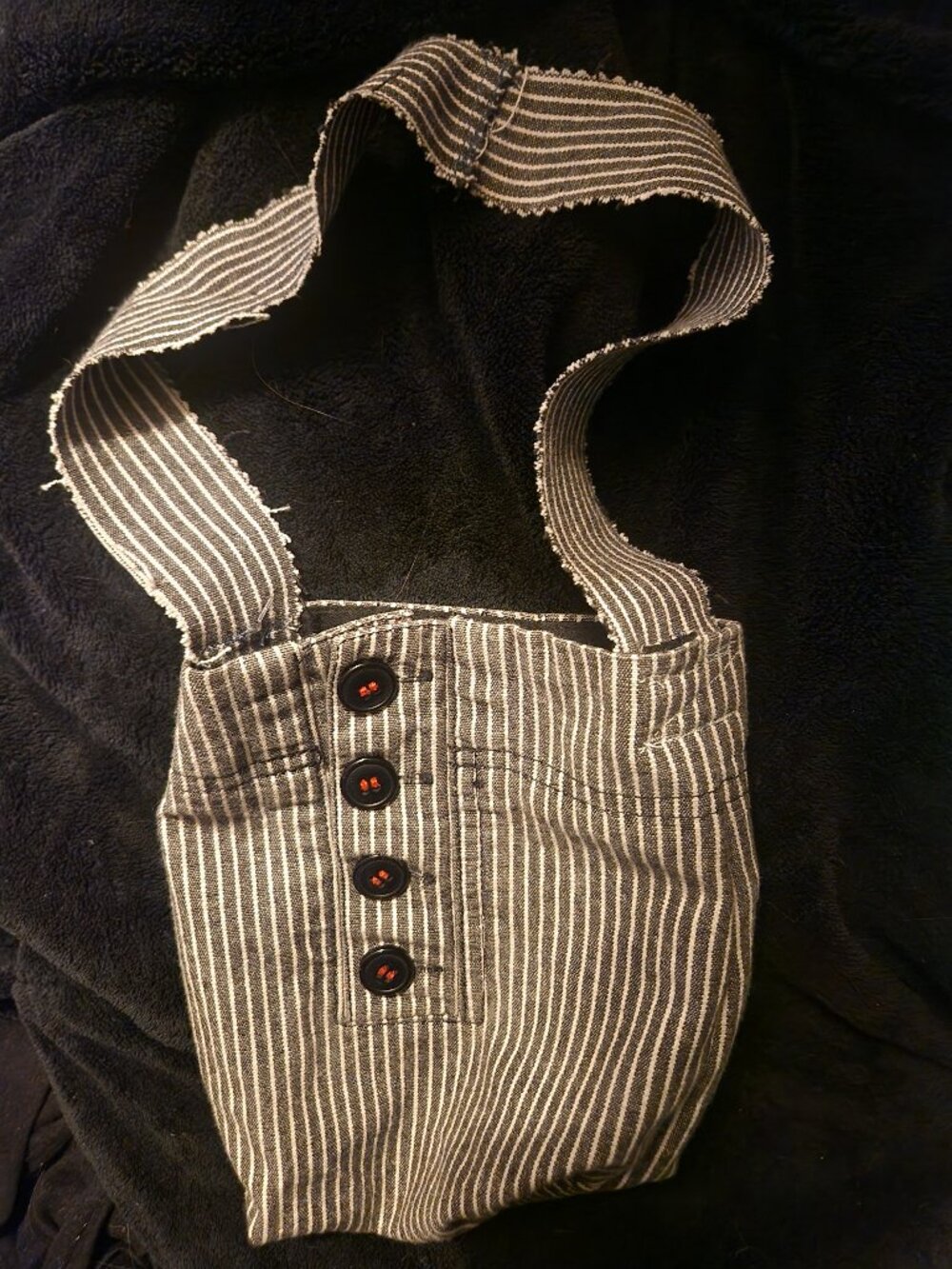 Handmade Upcycled Hickory Stripe Denim Shoulder Bag Button Fly Frayed Strap OOAK